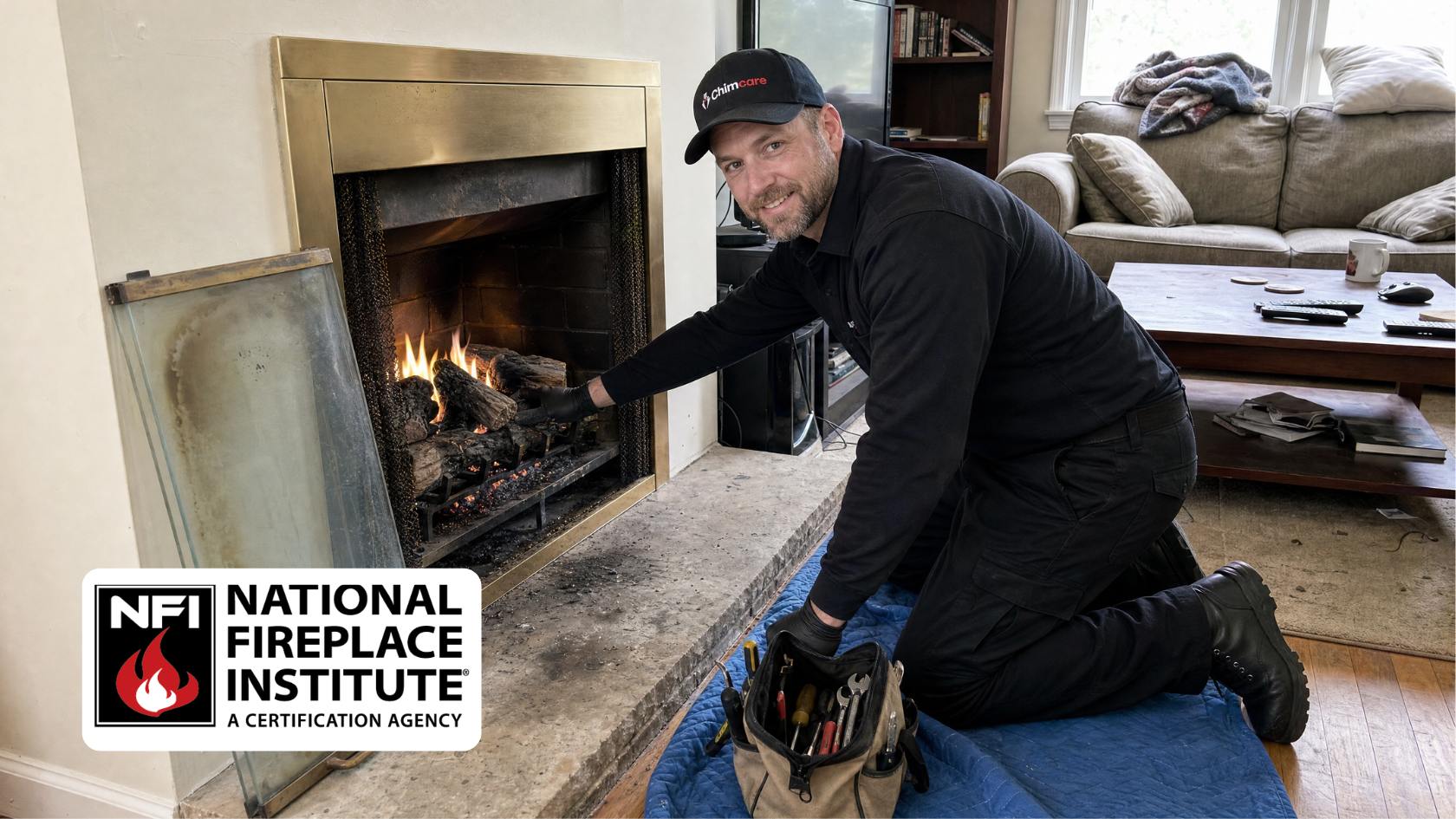 Chimcare certified technician repairing a gas fireplace