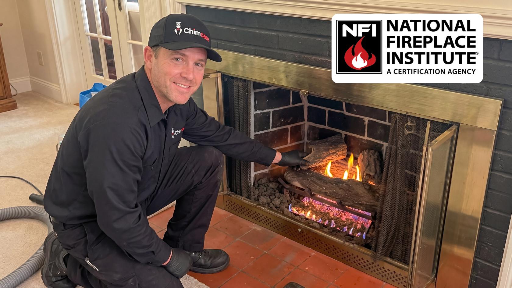 Chimcare certified technician inspecting a gas fireplace