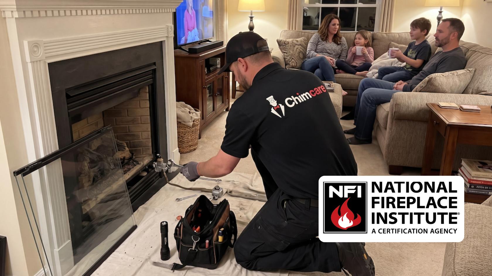 Chimcare certified technician servicing a gas fireplace